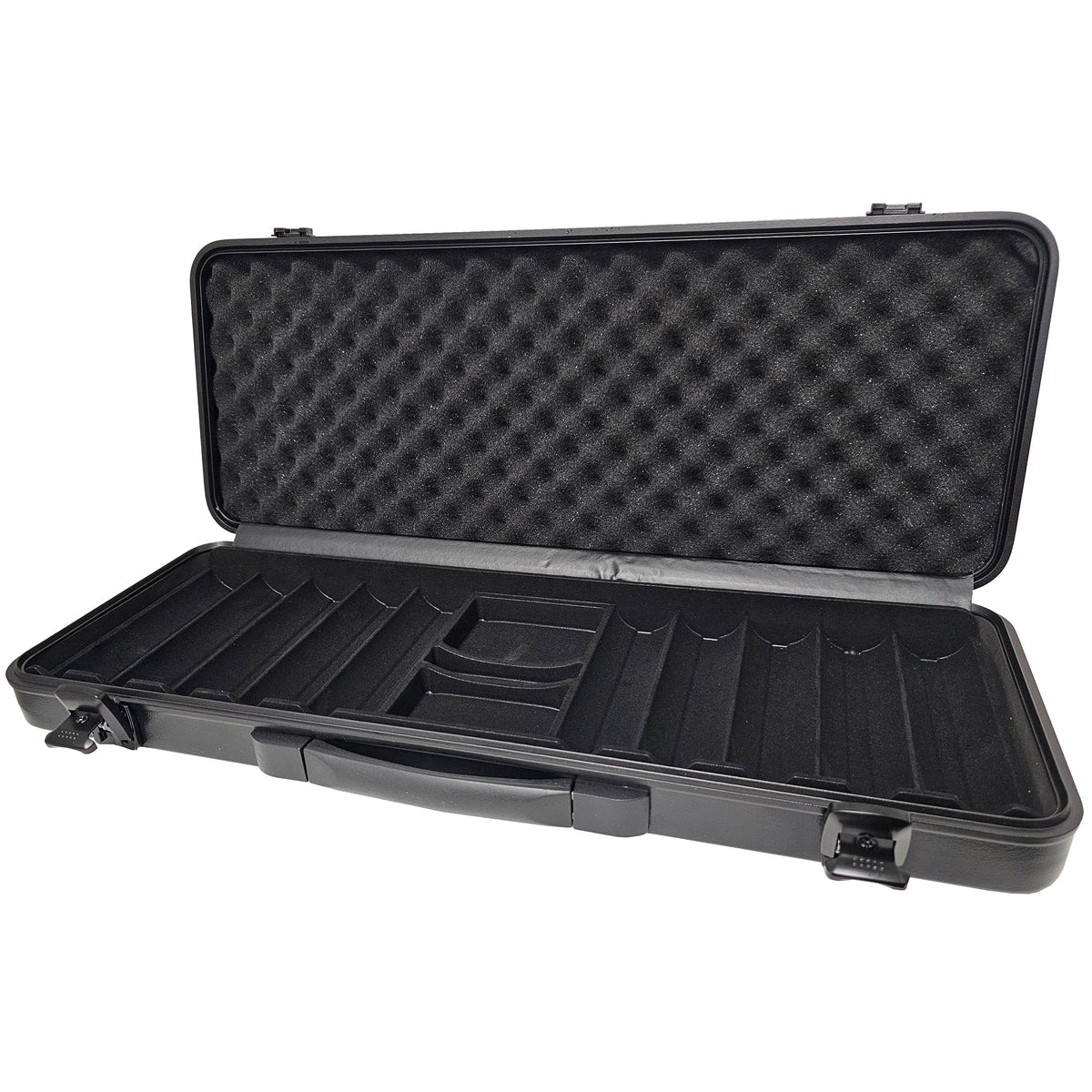 Open black 500 count 43mm poker chip case with convoluted foam lid, molded chip rows, and center card and dice compartment