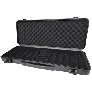 Open black 500 count 43mm poker chip case with convoluted foam lid, molded chip rows, and center card and dice compartment