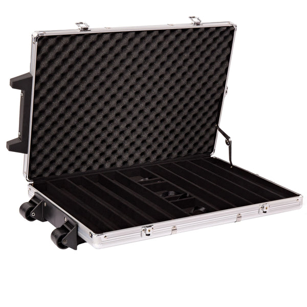 Open 1000 count rolling aluminum poker chip case with 10 chip rows, foam lid, and wheels