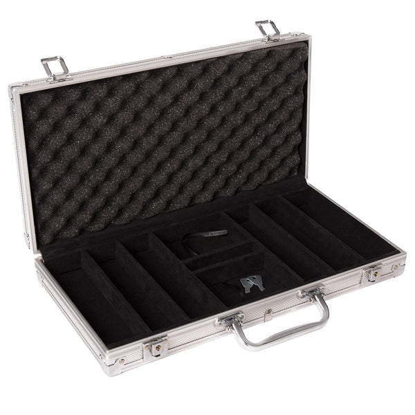 Open 300 count aluminum poker chip case with foam-lined lid, 6 chip rows, and center accessory compartment