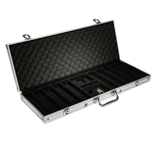 Open 500 count aluminum poker chip case with foam-lined lid, 10 chip rows, and center accessory compartment