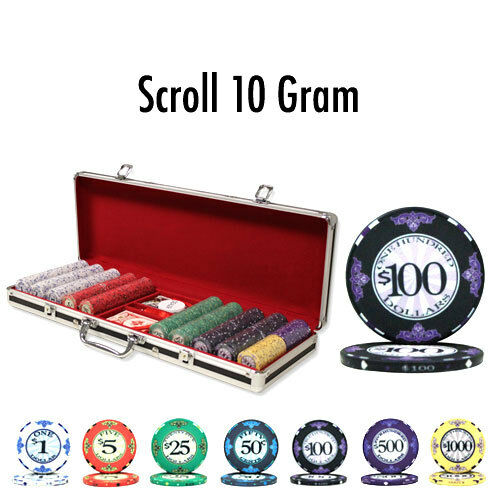 500 Scroll Ceramic Poker Chip Set with Black Aluminum Case