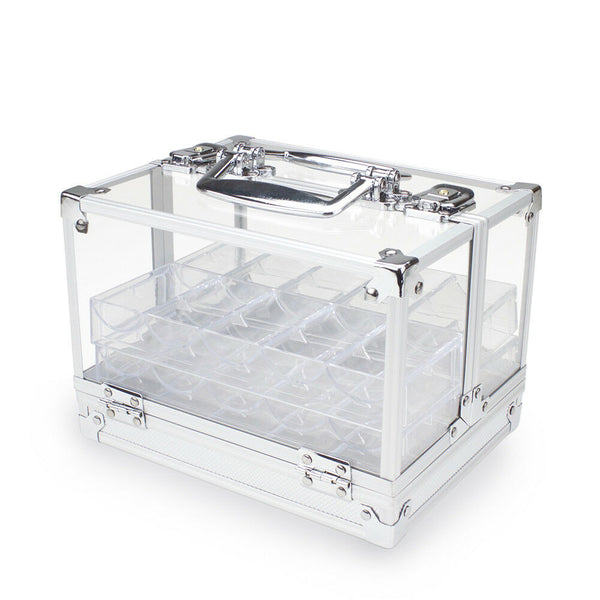 600 count clear acrylic poker chip case with 6 clear chip trays inside and chrome carry handle