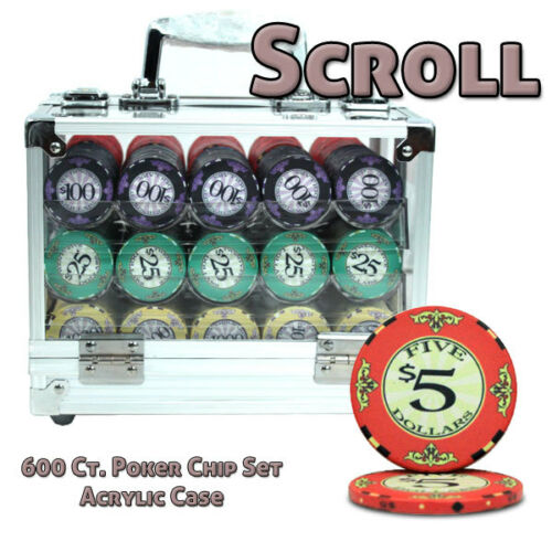 600 Scroll Ceramic Poker Chip Set with Acrylic Case