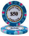 Light blue $50 Monte Carlo poker chip